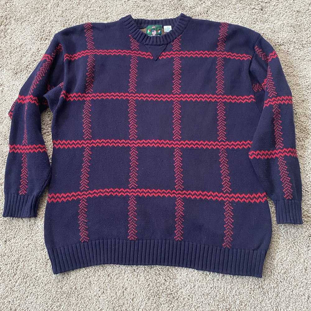Izod Navy and Red Plaid Men's Crewneck Sweater windowpane
